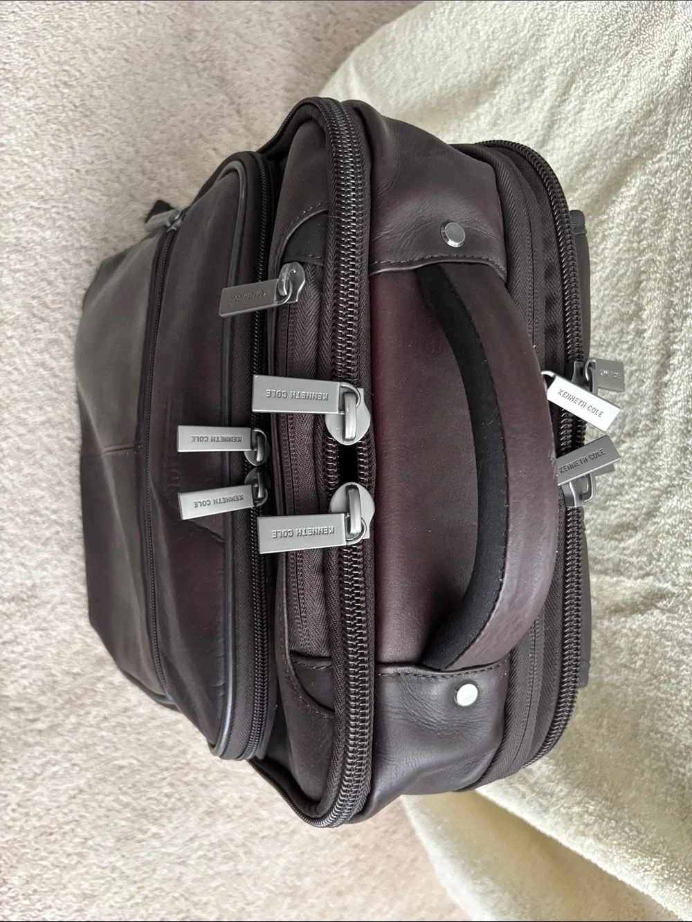 Kenneth Cole Dark Brown Leather Backpack with Front Zip Pockets